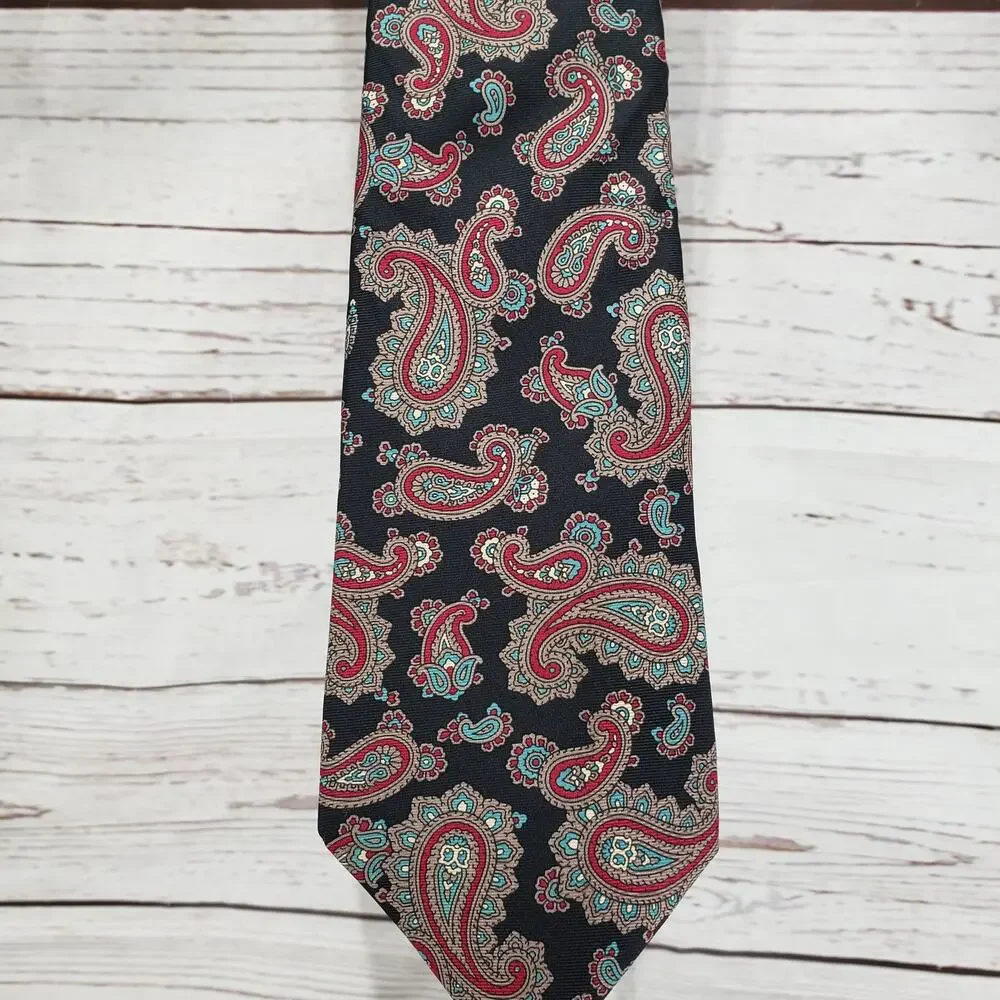Christian Dior Men's All Silk Black Red Paisley Neck Tie